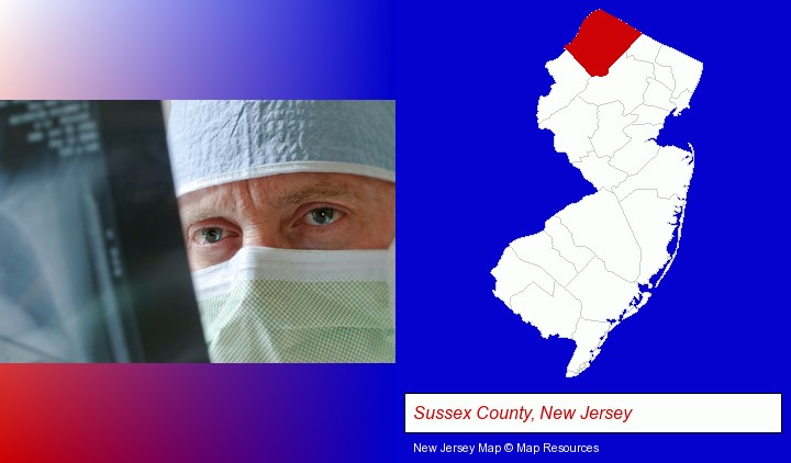 a physician viewing x-ray results; Sussex County, New Jersey highlighted in red on a map