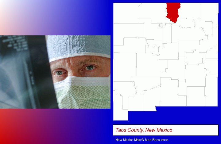 a physician viewing x-ray results; Taos County, New Mexico highlighted in red on a map