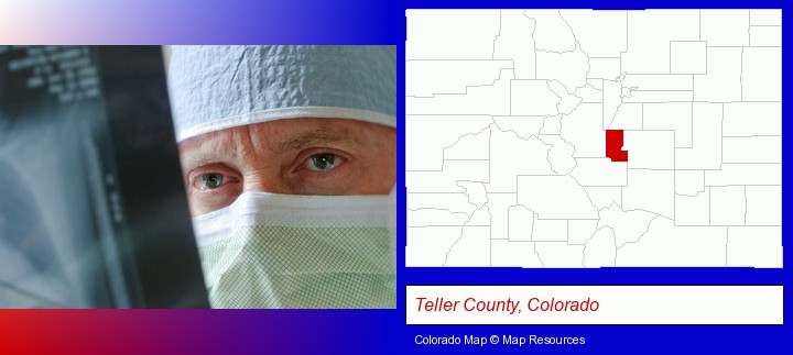 a physician viewing x-ray results; Teller County, Colorado highlighted in red on a map