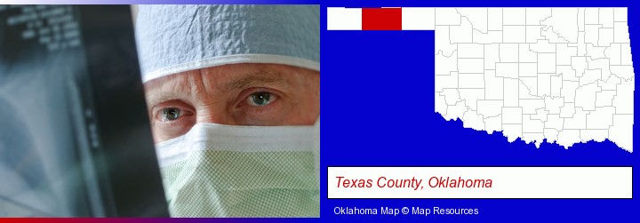 a physician viewing x-ray results; Texas County, Oklahoma highlighted in red on a map