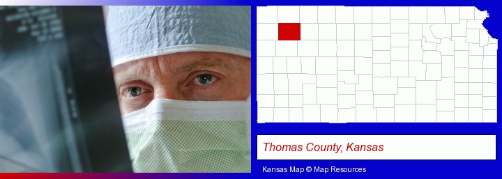 a physician viewing x-ray results; Thomas County, Kansas highlighted in red on a map