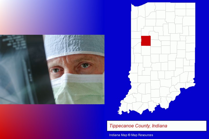 a physician viewing x-ray results; Tippecanoe County, Indiana highlighted in red on a map