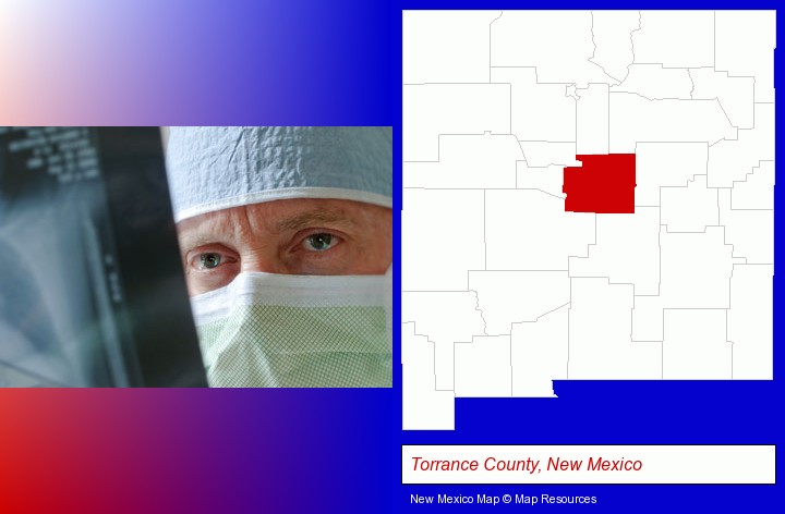 a physician viewing x-ray results; Torrance County, New Mexico highlighted in red on a map