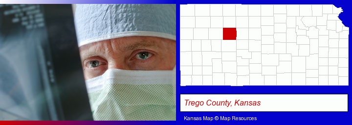 a physician viewing x-ray results; Trego County, Kansas highlighted in red on a map