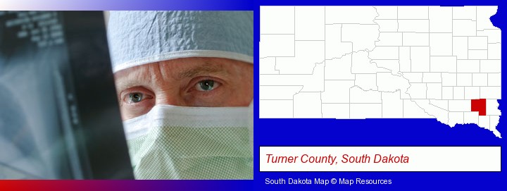 a physician viewing x-ray results; Turner County, South Dakota highlighted in red on a map