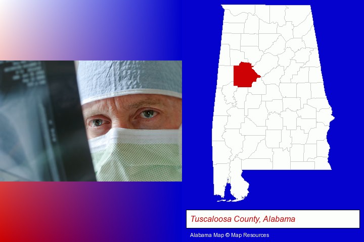 a physician viewing x-ray results; Tuscaloosa County, Alabama highlighted in red on a map