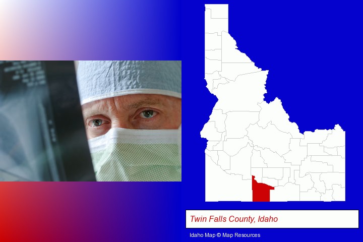 a physician viewing x-ray results; Twin Falls County, Idaho highlighted in red on a map