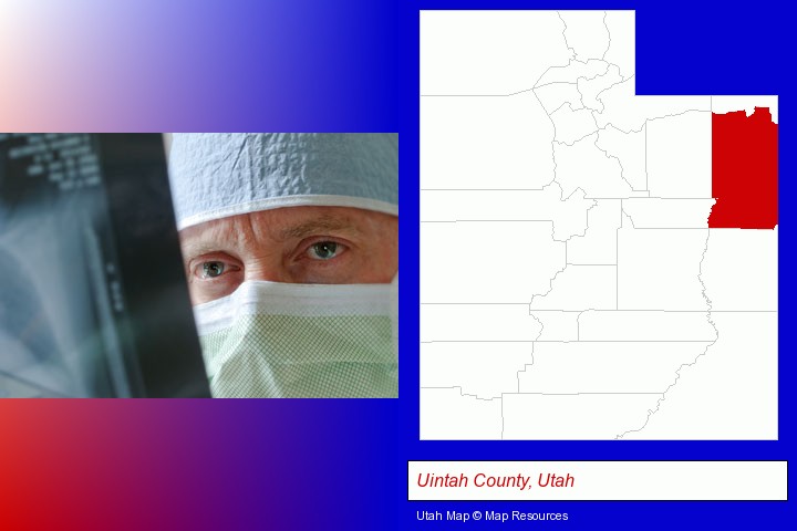 a physician viewing x-ray results; Uintah County, Utah highlighted in red on a map