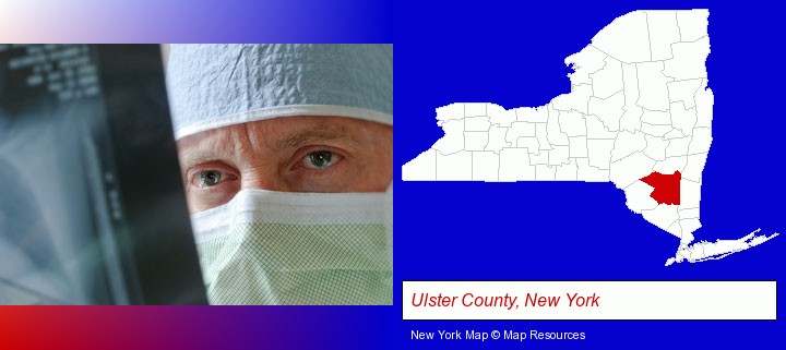 a physician viewing x-ray results; Ulster County, New York highlighted in red on a map