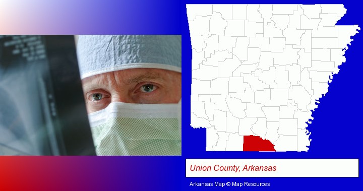 a physician viewing x-ray results; Union County, Arkansas highlighted in red on a map