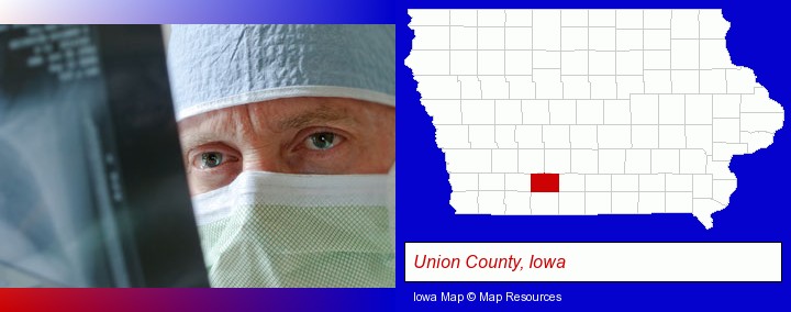 a physician viewing x-ray results; Union County, Iowa highlighted in red on a map