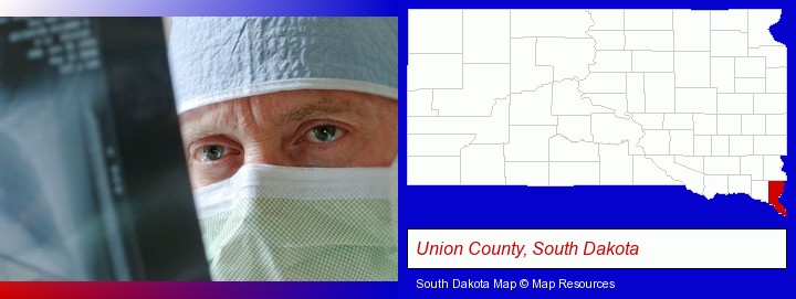 a physician viewing x-ray results; Union County, South Dakota highlighted in red on a map