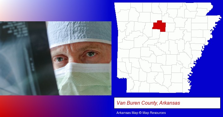 a physician viewing x-ray results; Van Buren County, Arkansas highlighted in red on a map