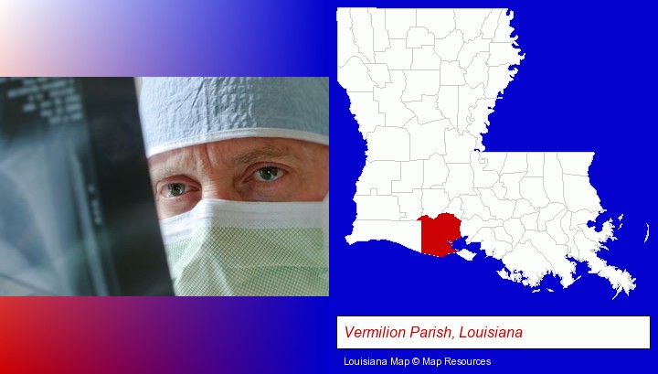 a physician viewing x-ray results; Vermilion Parish, Louisiana highlighted in red on a map