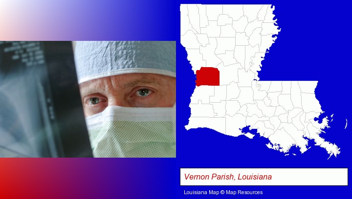 a physician viewing x-ray results; Vernon Parish, Louisiana highlighted in red on a map