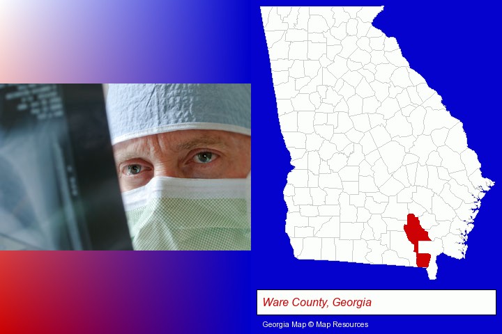 a physician viewing x-ray results; Ware County, Georgia highlighted in red on a map
