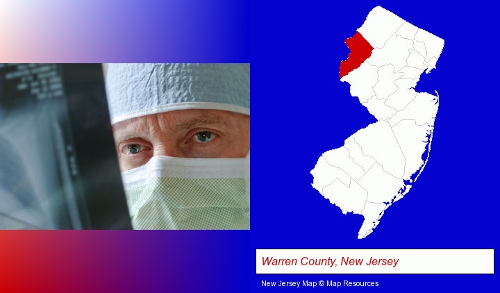 a physician viewing x-ray results; Warren County, New Jersey highlighted in red on a map