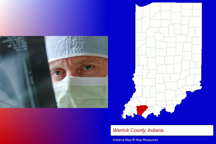 a physician viewing x-ray results; Warrick County, Indiana highlighted in red on a map