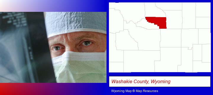 a physician viewing x-ray results; Washakie County, Wyoming highlighted in red on a map