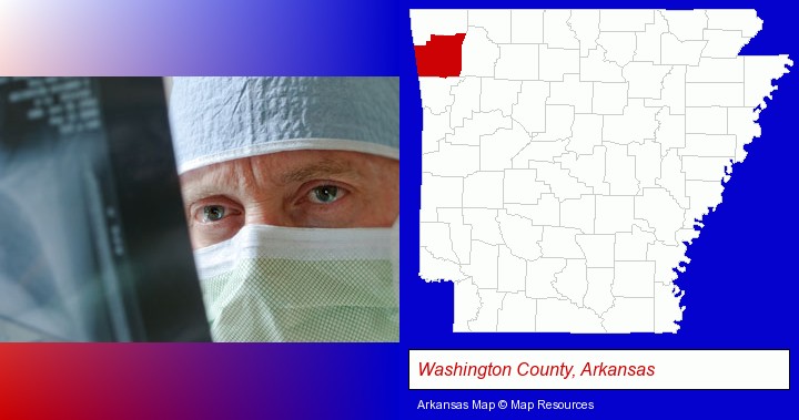 a physician viewing x-ray results; Washington County, Arkansas highlighted in red on a map