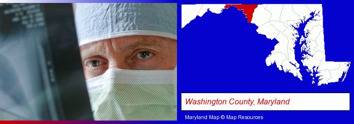 a physician viewing x-ray results; Washington County, Maryland highlighted in red on a map