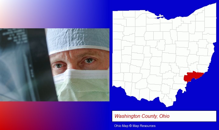 a physician viewing x-ray results; Washington County, Ohio highlighted in red on a map