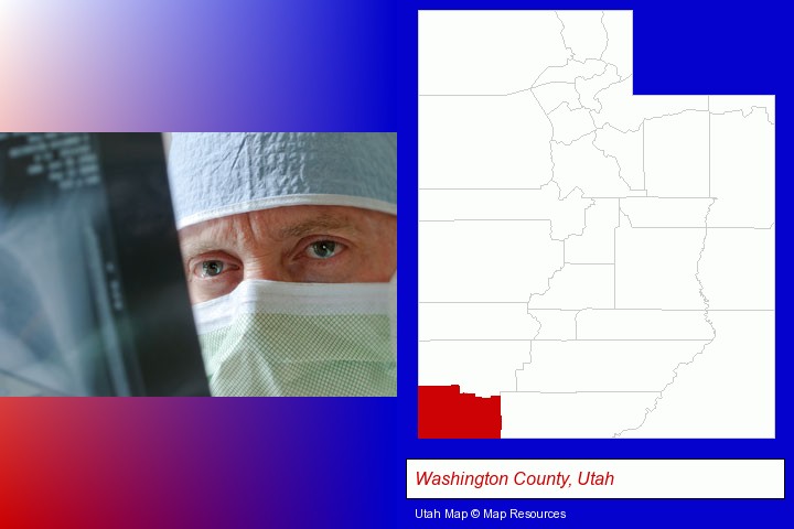 a physician viewing x-ray results; Washington County, Utah highlighted in red on a map