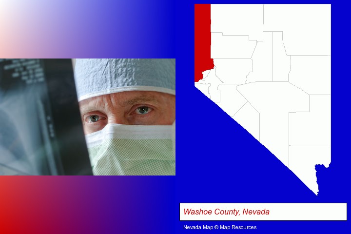 a physician viewing x-ray results; Washoe County, Nevada highlighted in red on a map