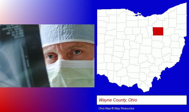 a physician viewing x-ray results; Wayne County, Ohio highlighted in red on a map