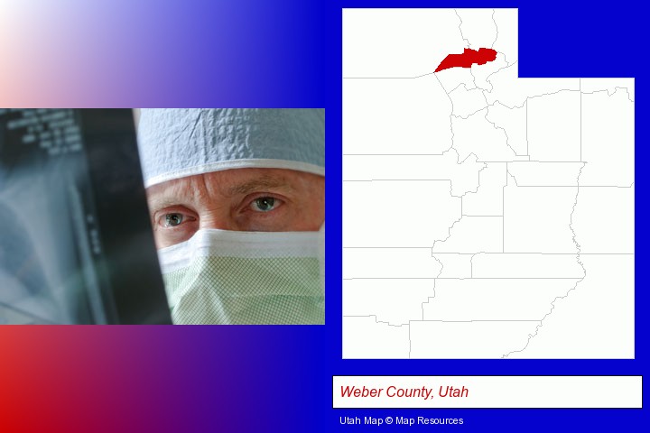 a physician viewing x-ray results; Weber County, Utah highlighted in red on a map