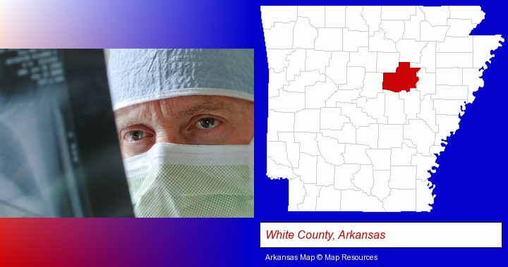 a physician viewing x-ray results; White County, Arkansas highlighted in red on a map