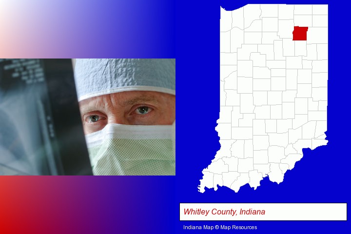 a physician viewing x-ray results; Whitley County, Indiana highlighted in red on a map