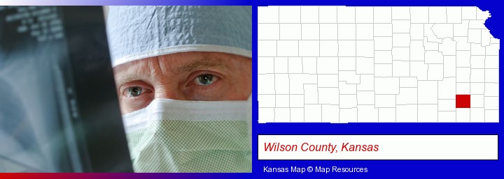 a physician viewing x-ray results; Wilson County, Kansas highlighted in red on a map