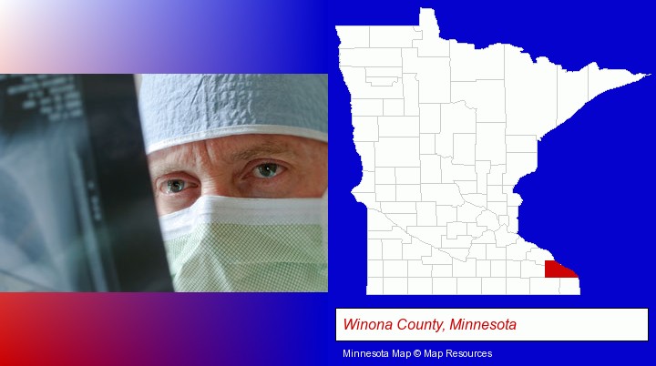a physician viewing x-ray results; Winona County, Minnesota highlighted in red on a map