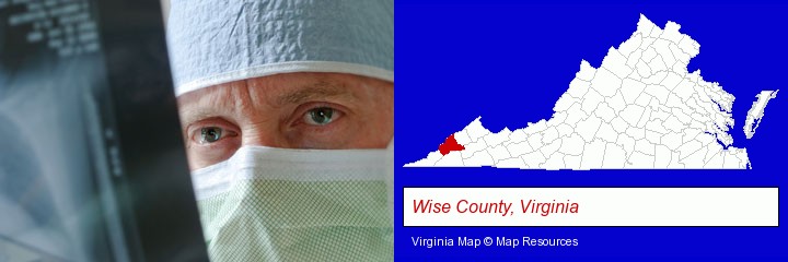 a physician viewing x-ray results; Wise County, Virginia highlighted in red on a map