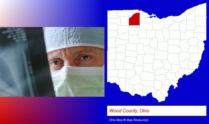 a physician viewing x-ray results; Wood County, Ohio highlighted in red on a map