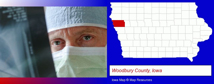 a physician viewing x-ray results; Woodbury County, Iowa highlighted in red on a map