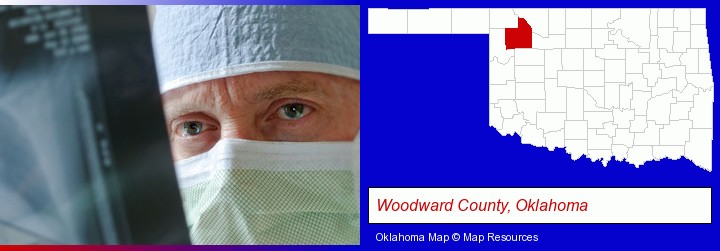 a physician viewing x-ray results; Woodward County, Oklahoma highlighted in red on a map