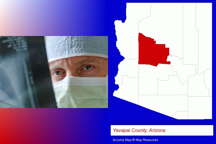 a physician viewing x-ray results; Yavapai County, Arizona highlighted in red on a map