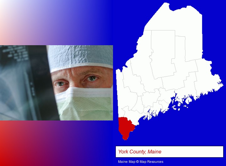 a physician viewing x-ray results; York County, Maine highlighted in red on a map