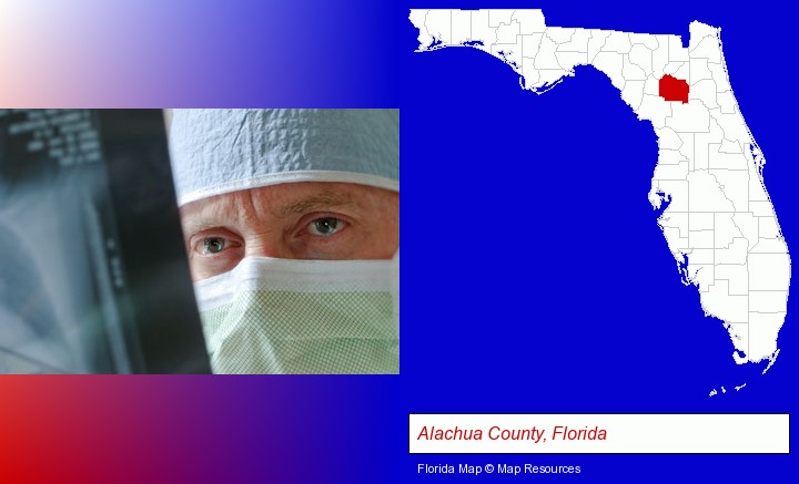 a physician viewing x-ray results; Alachua County, Florida highlighted in red on a map