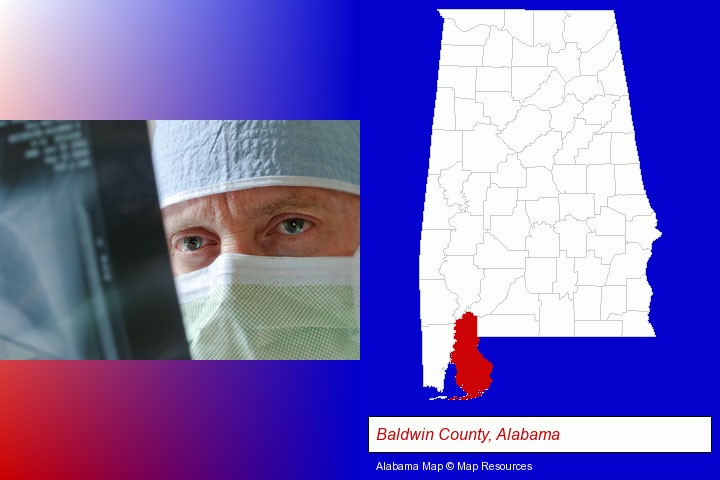 a physician viewing x-ray results; Baldwin County, Alabama highlighted in red on a map