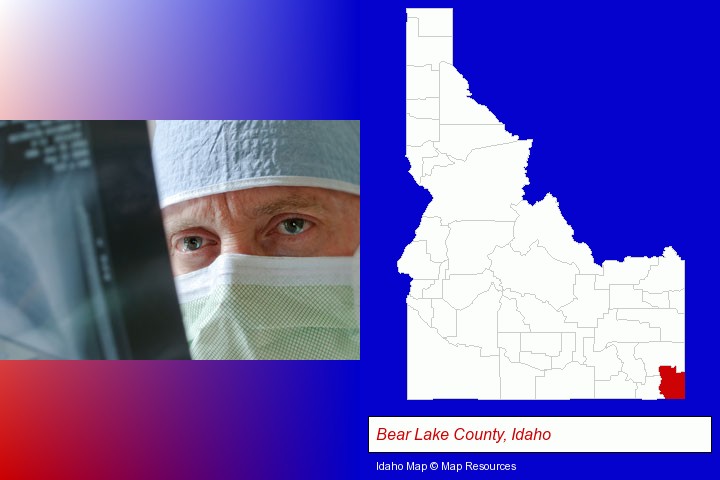 a physician viewing x-ray results; Bear Lake County, Idaho highlighted in red on a map