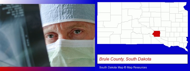 a physician viewing x-ray results; Brule County, South Dakota highlighted in red on a map