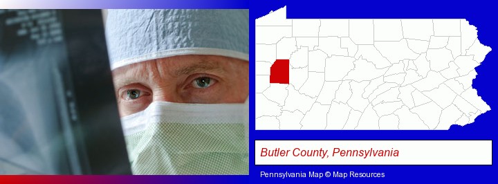 a physician viewing x-ray results; Butler County, Pennsylvania highlighted in red on a map