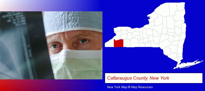 a physician viewing x-ray results; Cattaraugus County, New York highlighted in red on a map