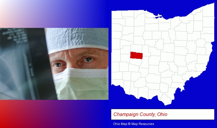 a physician viewing x-ray results; Champaign County, Ohio highlighted in red on a map