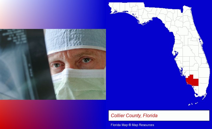 a physician viewing x-ray results; Collier County, Florida highlighted in red on a map