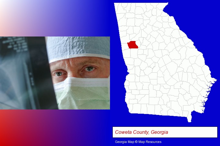 a physician viewing x-ray results; Coweta County, Georgia highlighted in red on a map