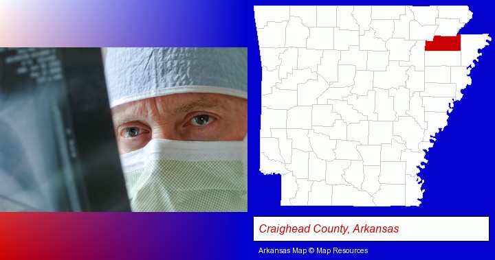 a physician viewing x-ray results; Craighead County, Arkansas highlighted in red on a map